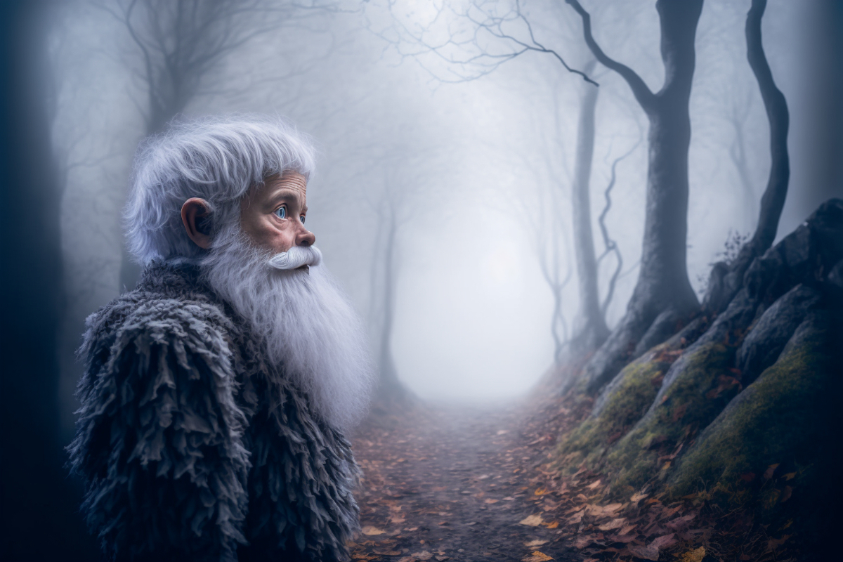 Lesní mužík se šedivými vousy uprostřed lesa