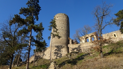 Hrad Žebrák - z daleka viditelná okrouhlá věž, která je dnes využívána jako rozhledna. (Foto Mgr. Jaroslav Hodrment)